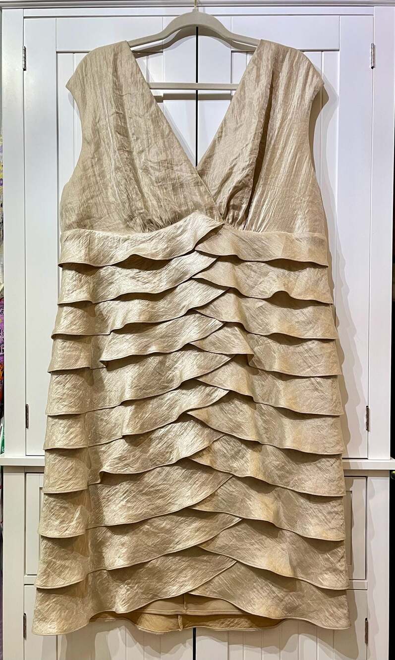 London Times Woman Champagne Gold Tiered Ruffle Shimmer V-Neck Sheath Dress